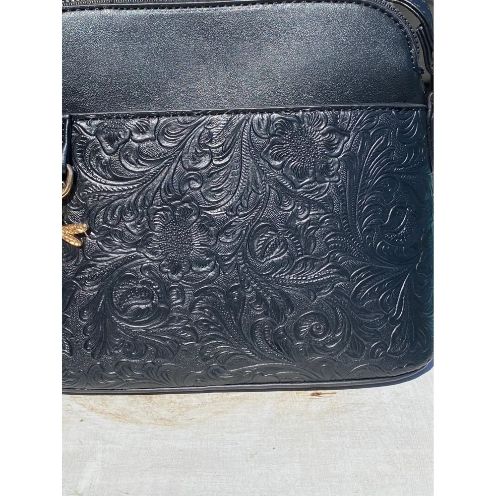 Black Floral Embossed Crossbody Dome Bag with Gold Dragonfly Charm New - Picture 7 of 12